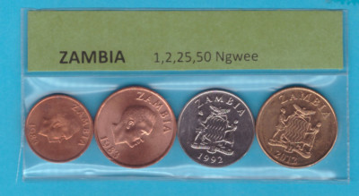 Set 4 monede Zambia (Seria animale) 1;2;25;50 Ngwee UNC foto