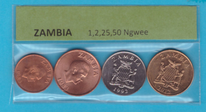 Set 4 monede Zambia (Seria animale) 1;2;25;50 Ngwee UNC