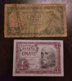 Lot 2 bancnote Spania - 1 si 5 Pesetas 1953 si 1954