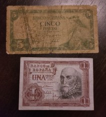 Lot 2 bancnote Spania - 1 si 5 Pesetas 1953 si 1954