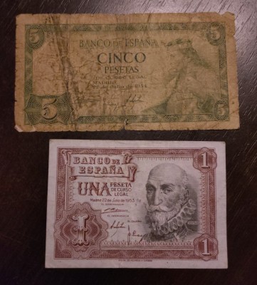 Lot 2 bancnote Spania - 1 si 5 Pesetas 1953 si 1954 foto