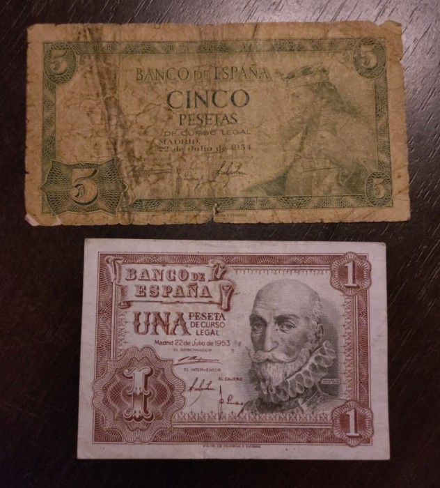 Lot 2 bancnote Spania - 1 si 5 Pesetas 1953 si 1954