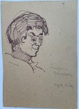 Desen / schita / caricatura de Gh. Ionescu, 1993, carioca pe carton, 24 x 17, olograf &rdquo;seamana cu Branisteanu&rdquo;, artist roman, arta romaneasca