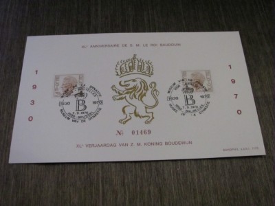 XL Aniversare Regele Baudouin, 2 Timbre Obliterate, Ediție Limitată Nr. 01469, Stemă Regală .Belgia 1970 Carton Filatelic foto