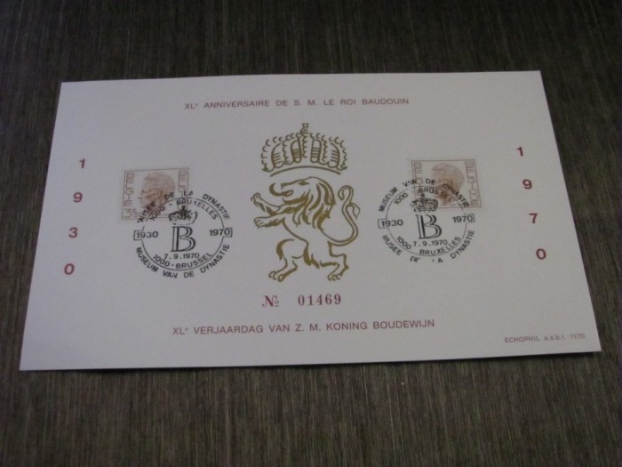 XL Aniversare Regele Baudouin, 2 Timbre Obliterate, Ediție Limitată Nr. 01469, Stemă Regală .Belgia 1970 Carton Filatelic