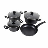 Set 7 piese din aluminiu cu strat neaderent compus din 3 oale cu manere +1 tigaie+ 3 capace sticla termorezistenta, inductie / ZLN 3277
