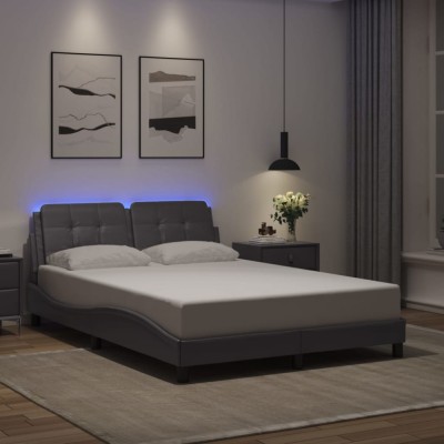 Cadru de pat cu lumini LED, gri, 140x190 cm, piele ecologică foto