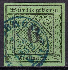 ✅ (S44) Germania veche - Wurttemberg 1851 &quot;Cifra in romb&quot; , Michel nr. 3 / verde-galbui cota 40 Euro , stampilat