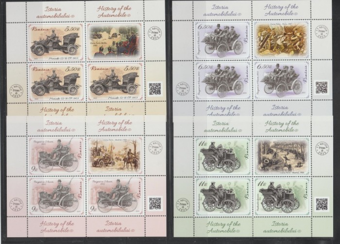 ROMANIA 2025 ISTORIA AUTOMOBILULUI (II) Minicoli cu 3 timbre + 1 vinieta LP.2511 MNH**
