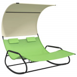 Cumpara ieftin Sezlong balansoar plaja dublu/baldachin,verde/crem, textilena