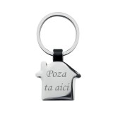 Breloc metalic gravat personalizat cu poza si textul tau. casa. 6x3 cm. argintiu