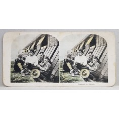 TANARA DAND LECTII DE FRANCEZA SOLDATILOR AMERICANI , FOTOGRAFIE STEREOSCOPICA , POLICROMA, PE CARTON , PRIMUL RAZBOI MONDIAL