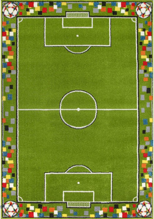 Covor Camera Copii Model Teren Fotbal 11118-130, Marime 80 x 150 cm, Verde, Inaltime Fir 9 mm, Antialergic, Polipropilena, Gradinita, Cresa, Loc de Jo