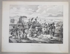 MONUMENT ELEVE A MARENGO ( RIDICAREA MONUMENTULUI DE LA MARENGO ) , LITOGRAFIE de C. MOTTE , MONOCROMA , MIJLOCUL SEC . XIX, PREZINTA O LIPITURA LA P
