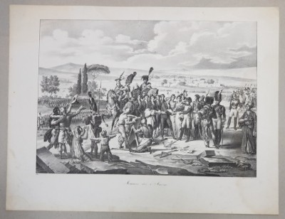 MONUMENT ELEVE A MARENGO ( RIDICAREA MONUMENTULUI DE LA MARENGO ) , LITOGRAFIE de C. MOTTE , MONOCROMA , MIJLOCUL SEC . XIX, PREZINTA O LIPITURA LA P foto