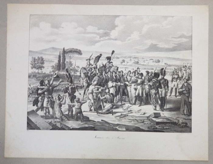 MONUMENT ELEVE A MARENGO ( RIDICAREA MONUMENTULUI DE LA MARENGO ) , LITOGRAFIE de C. MOTTE , MONOCROMA , MIJLOCUL SEC . XIX, PREZINTA O LIPITURA LA P