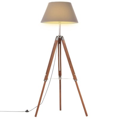 Lampă de podea trepied, maro miere și gri, 141 cm, lemn de tec foto