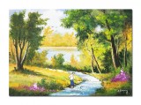Cumpara ieftin Tablou peisaj din natura pictat manual, La parau, 70x50cm ulei pe panza, Constantin Feraru