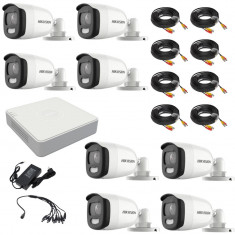 Kit supraveghere video Hikvision 8 camere ColorVU 2MP, lumina alba 20m, DVR 8 canale 4 MP lite, accesorii