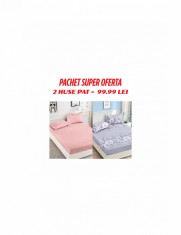 Pachet 2 huse de pat finet, 3 piese, cu elastic, roz floral si mov cu bujori foto