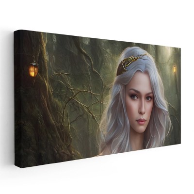 Tablou fantezie portret femeie in padure, verde, gri 1726 Tablou canvas pe panza CU RAMA 30x60 cm foto