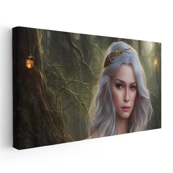 Tablou fantezie portret femeie in padure, verde, gri 1726 Tablou canvas pe panza CU RAMA 30x60 cm
