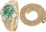 Cumpara ieftin Set Ceas Iced Out Gold Green + Colier Cuban Chain Iced out, insertii din zirconiu, otel inoxidabil, dispozitiv pentru ajustare, impachetare premium, a