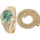 Set Ceas Iced Out Gold Green + Colier Cuban Chain Iced out, insertii din zirconiu, otel inoxidabil, dispozitiv pentru ajustare, impachetare premium, a