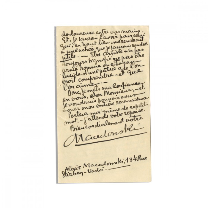Alexis Macedonski, scrisoare olografă, 1928