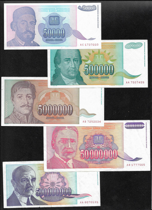 Set Iugoslavia 50000+500000+5000000+50000000+500000000 dinari dinara 1993 VF-XF
