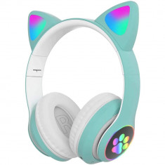Casti wireless pentru copii Gobro, Bluetooth, Model urechi de pisica, Iluminare LED, Verde foto