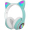 Casti wireless pentru copii Gobro, Bluetooth, Model urechi de pisica, Iluminare LED, Verde