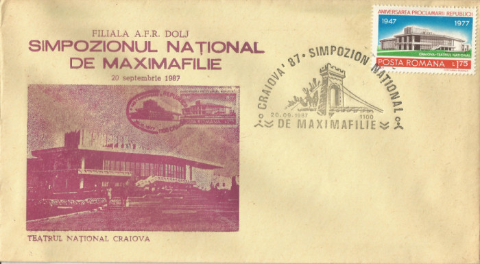 Rom&acirc;nia, Simpozionul naţional de maximafilie, plic, Craiova, 1987