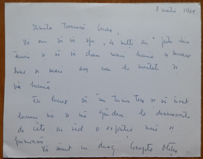 Text olograf al lui Andrei Otetea prin care o felicita pe pe Mia Groza, 1969