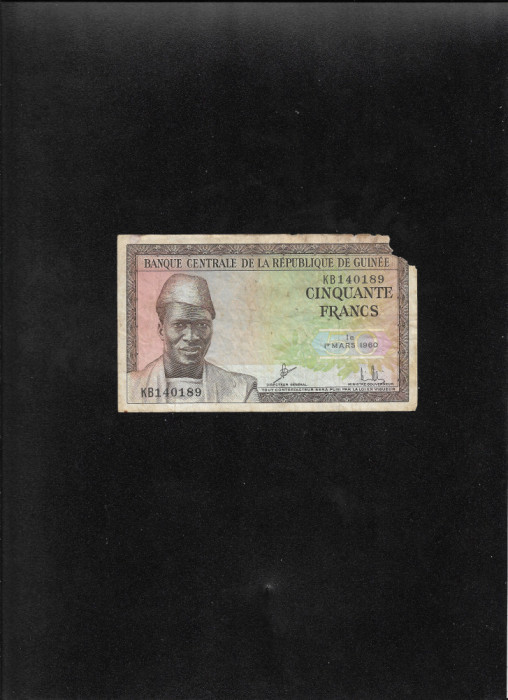 Rar! Guinea Guineea 50 francs franci 1960 seria140189 colt lipsa