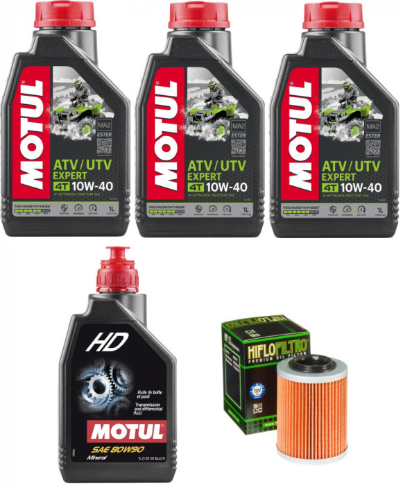 Pachet Revizie Atv CF Moto CForce 450, 520 3 Buc Ulei Motor Atv Motul 4T ATV-UTV Expert 10W-40 MA 1L 105938 + Ulei Transmisie Manuala Motul HD 80W-90