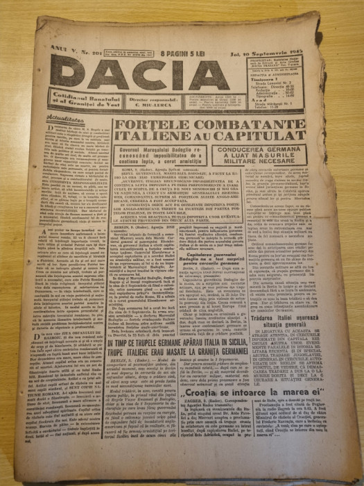 Dacia 10 septembrie 1943-art. arad,lugoj,capitularea italiei,stiri de pe front