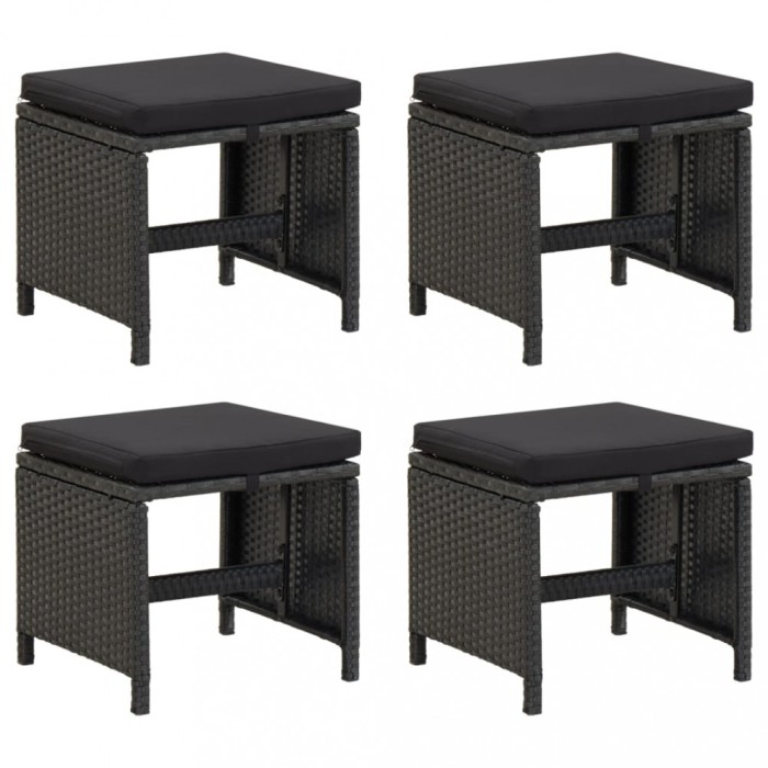 Taburete de gradina cu perne, 4 buc., negru, poliratan
