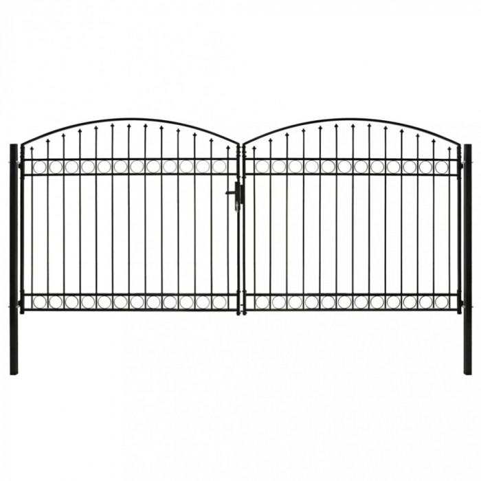 Poarta de gard dubla cu varf &icirc;n arcada, negru, 400x200 cm, otel GartenMobel Dekor