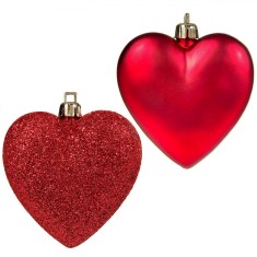 Set Ornamente Brad Crăciun, Inimi Roșii, 7cm, 6 Bucăți, Mat și Glitter, Plastic Roșu