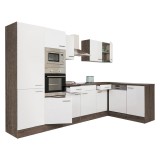 Mobilier de bucătărie de colț Yorki 340, cu corp din stejar Yorki, fațadă albă cu finisaj satinat și dulap cu rafturi, fără blat de lucru