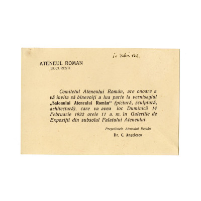 Invitație la vernisajul &amp;bdquo;Salonului Ateneului Rom&amp;acirc;n&amp;rdquo;, 1932 foto