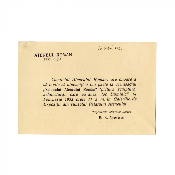 Invitație la vernisajul &bdquo;Salonului Ateneului Rom&acirc;n&rdquo;, 1932