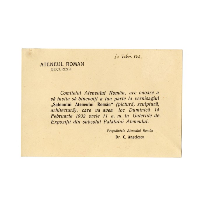 Invitație la vernisajul &bdquo;Salonului Ateneului Rom&acirc;n&rdquo;, 1932