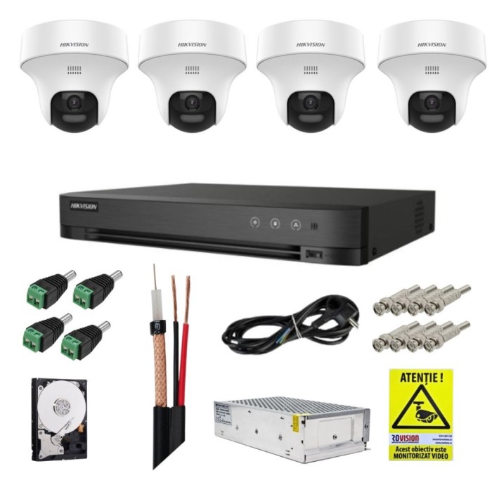 Sistem supraveghere Hikvision cu detectie om/vehicul, 4 camere rotative, 3K 5MP, Microfon, Difuzor, DVR, Accesorii incluse SafetyGuard Surveillance