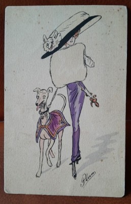 Carte postala, femeie cu caine, desen, perioada interbelica foto