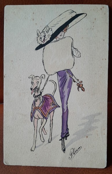 Carte postala, femeie cu caine, desen, perioada interbelica