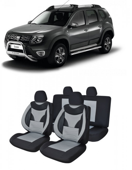 Set huse scaune compatibile Dacia Duster 2010-2017 Piele + Textil (Compatibile cu sistem AIRBAG