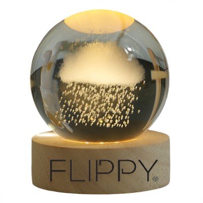 Lampa LED Decorativa, Flippy, cu Bila de Cristal cu Diametru 6cm, Model Nor Ploios 3D, Alimentare USB, Suport din Lemn, Lumina Alb Cald foto