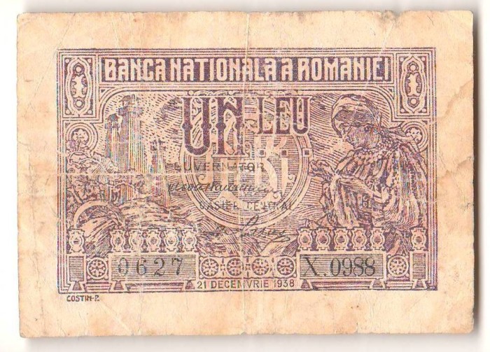 SV * Romania 1 LEU 1938 , 21 decembrie * regele Carol II +/- F